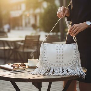 KOGUO White Fringe Shoulder Bag Purse | Studded Western Boho | Women’s Handbag